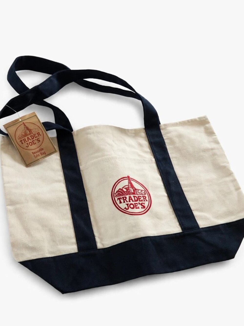 Trader Joe's Canvas Tote Bag Navy Blue Natural Reusable NWT